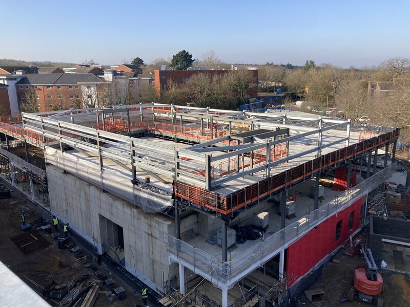 Good progress is being made at the GenesisCare Cancer Centre on-site at Royal Surrey NHS Foundation Trust. Elevations are being closed with brick work, façade panels and curtain walling. Internal partitions are being formed and work has started on mechanicals and electricals.